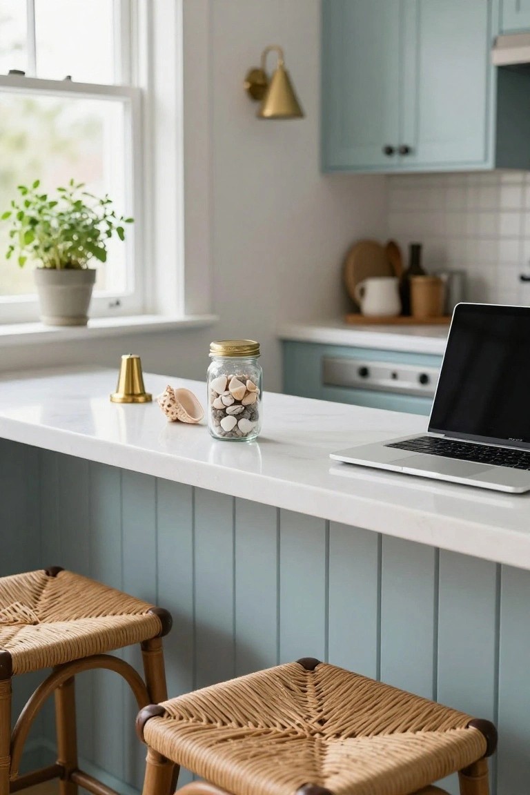 Kitchen island countertop with open MacBook laptop, jar of seashells, single seashell, brass bell, and two rattan bar stools, light blue cabinets and herb plant in background.