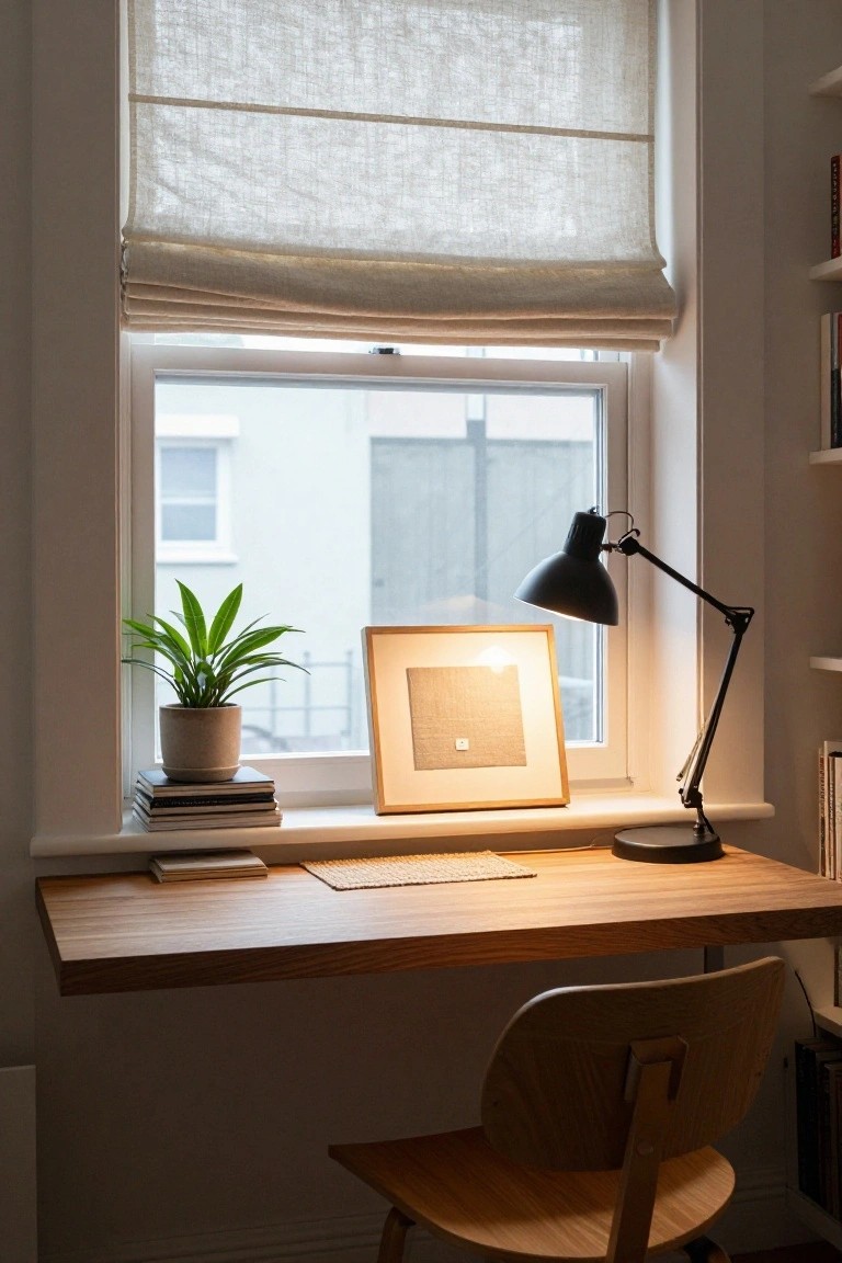 A wall-mounted wooden desk below a large window in a light-filled room, with stacked books and a potted green plant on the windowsill, a black desk lamp, a framed artwork, and wooden bookshelves nearby, plus a wooden chair in front.