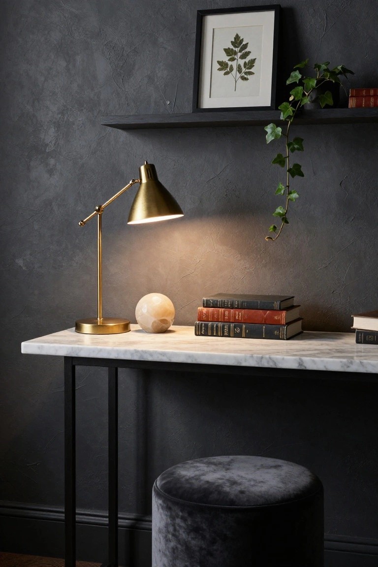 Narrow white marble-topped console table used as a desk with gold adjustable lamp, white stone orb, stacked leather-bound books, and dark gray velvet stool against textured dark gray wall with ivy plant and framed leaf print above.