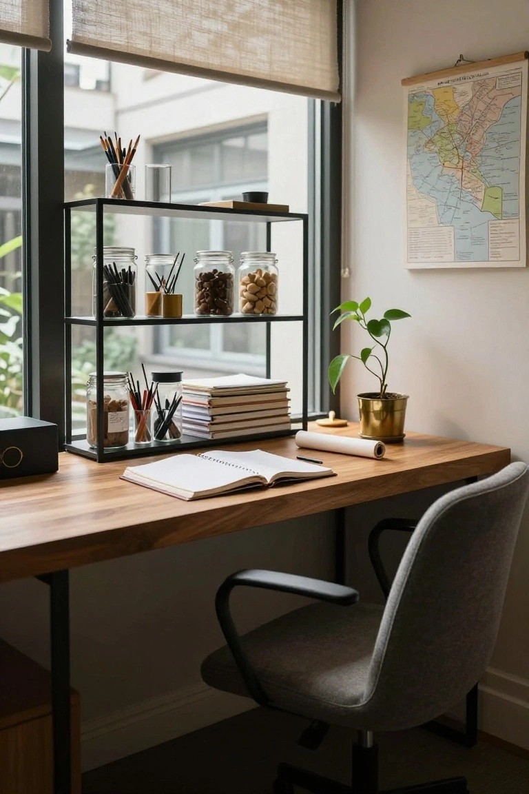 Wooden desk in a small home office with black metal open shelving unit holding glass jars of pens, brushes, nuts, and snacks, gray fabric chair, potted plant, books, and window with sheer blinds.