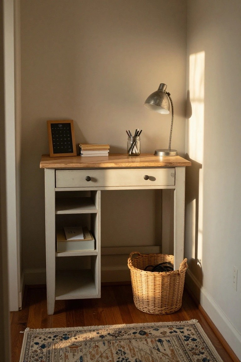 Corner of a beige room with a light wooden-top desk on pale painted legs, featuring a drawer, open shelves holding papers and boxes, a silver adjustable lamp, jar of pens, small wooden calendar, stack of books, and wicker basket with cables on the hardwood floor beside a patterned rug.