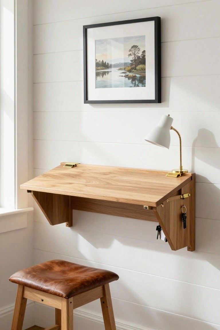 White shiplap wall with oak fold-down desk featuring brass hinges and key rack, white desk lamp clamped on, leather stool below, and black-framed landscape painting above.