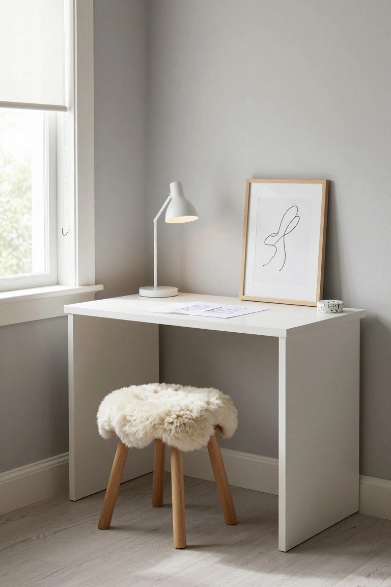 A white corner desk sits against gray walls next to a window, with a white lamp on top, a framed line drawing leaning against the wall, and a low wooden stool covered in fluffy off-white material in front.