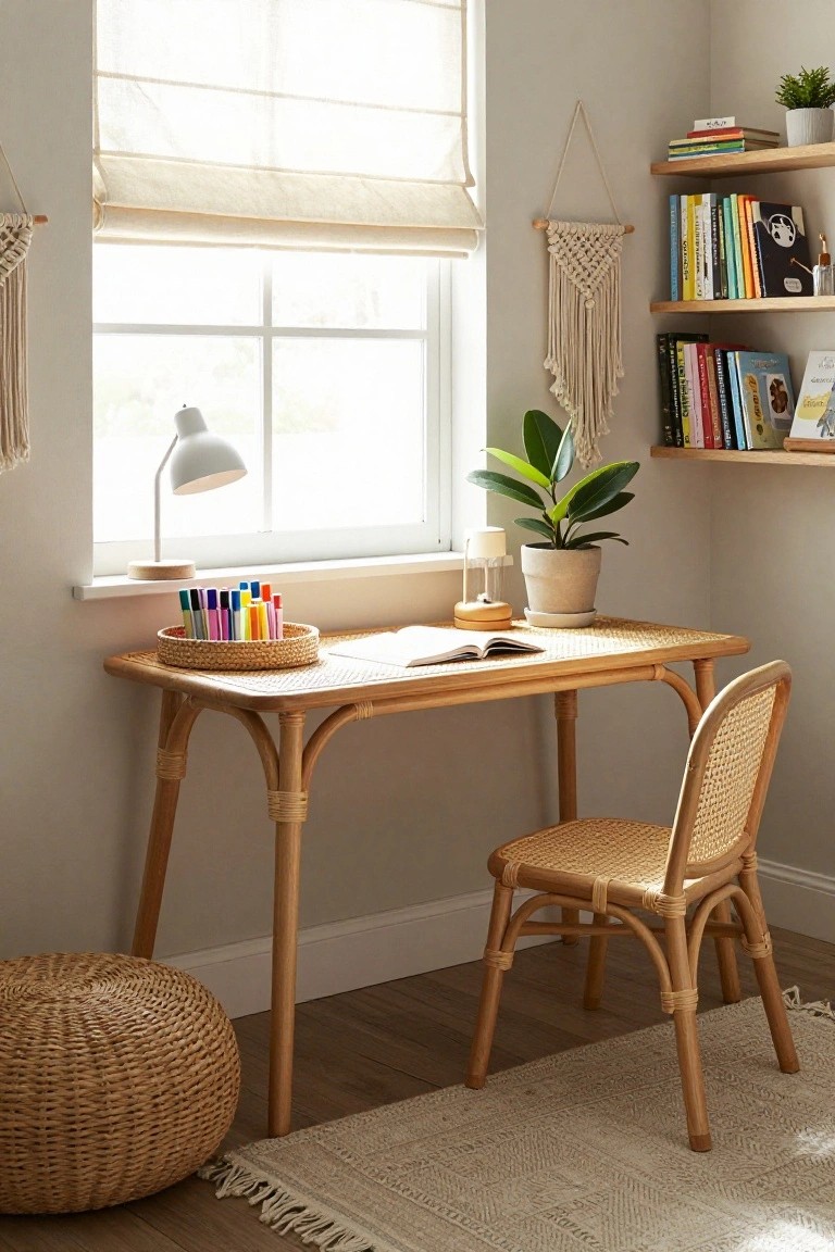 A light wood desk with a woven top and matching rattan chair sits in front of a window in a small room, with an open notebook and a basket of markers on the desk.