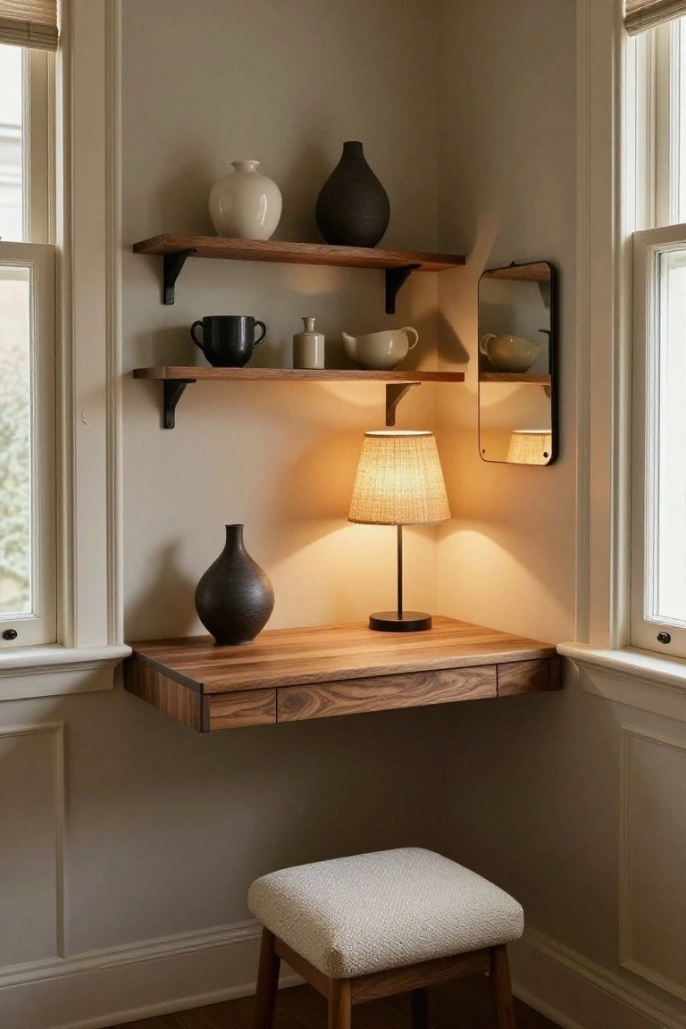 Wooden floating desk with shelves, lamp, and woven stool in corner.