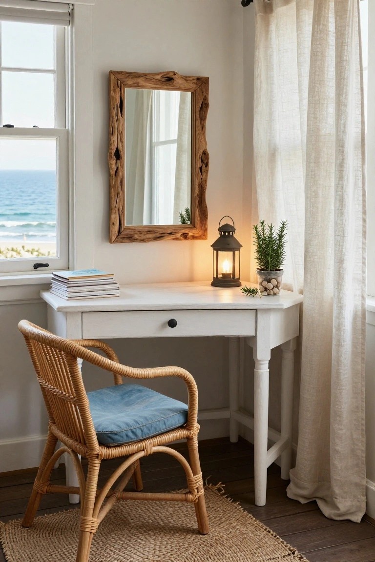 White vanity desk with driftwood mirror, rattan chair, and lantern.