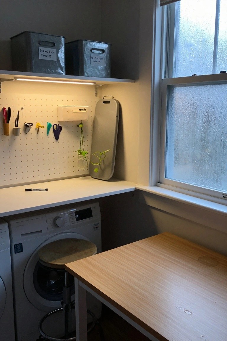 Laundry room with washing machine, pegboard, wooden table, and frosted window.