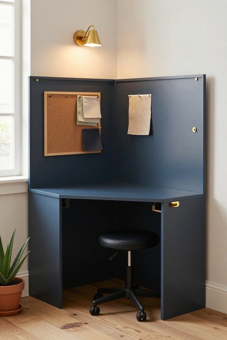Corner desk with corkboard, fabric swatches, stool, and wall lamp.