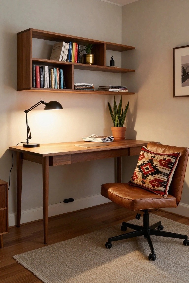 A wooden desk with a wall-mounted shelf unit above it holding books and a plant, next to a brown leather swivel chair.