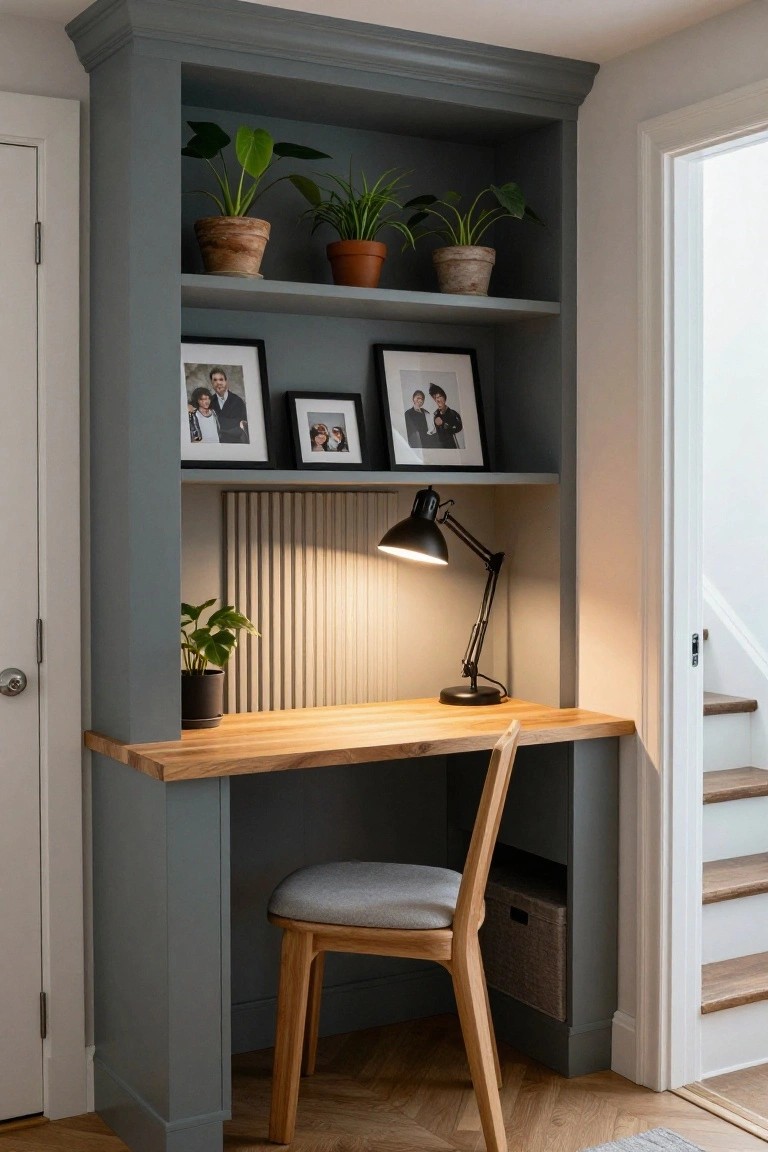 A built-in corner desk with gray painted shelves above holding potted plants and framed photos, a black desk lamp on the wooden surface, and a wooden chair with gray cushion underneath.