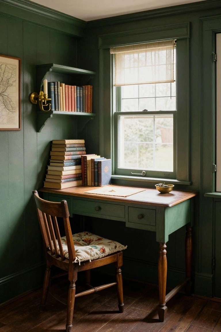 A green wooden desk placed in the corner of a room beneath a window, with a wooden chair and a wall shelf holding books above it.