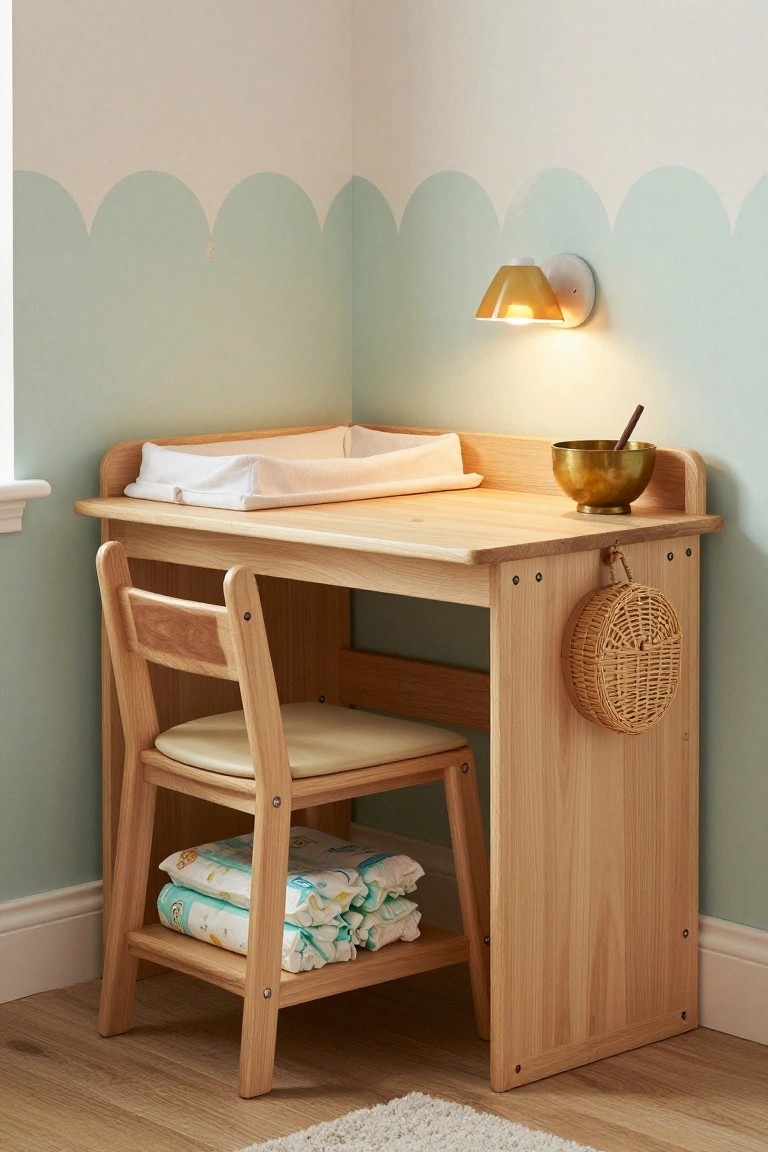 Wooden changing table with chair, diapers, brass bowl, and woven basket.