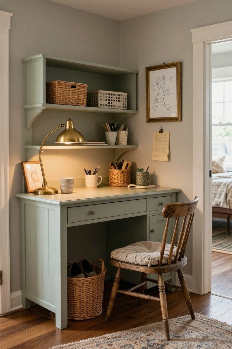 Cozy sage-green desk with wooden chair, brass lamp, and woven baskets.