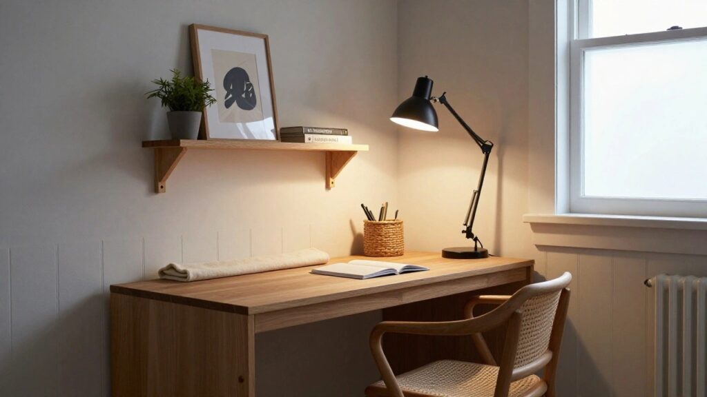 A light wood corner desk with a black lamp and open book sits below two floating wood shelves filled with books and a potted plant, next to a wooden chair with a white cushion.