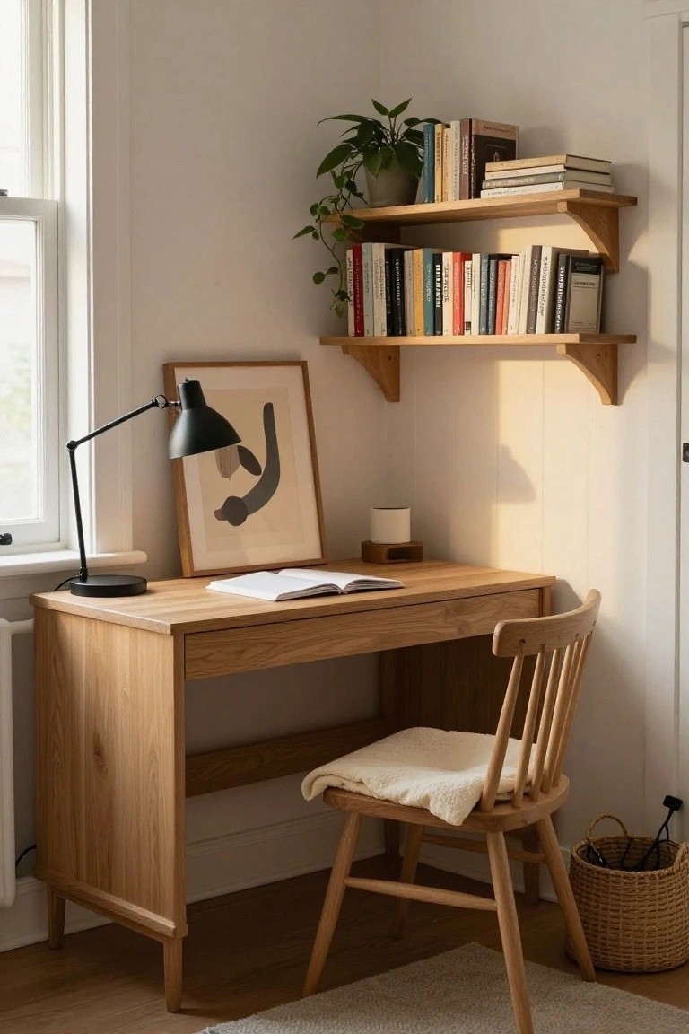 A light wood corner desk with a black lamp and open book sits below two floating wood shelves filled with books and a potted plant, next to a wooden chair with a white cushion.