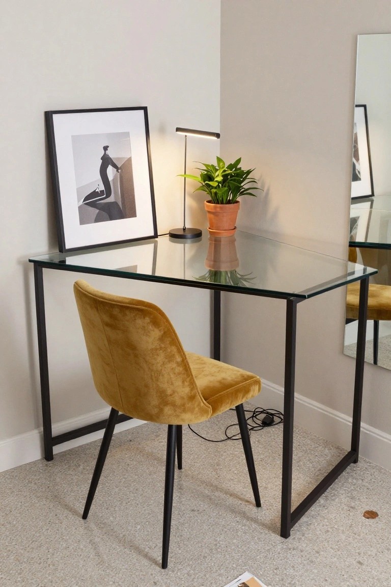 A glass desk with a black metal frame sits in a room corner, paired with a mustard yellow velvet chair, a desk lamp, a potted plant, and a framed black and white print on the wall.