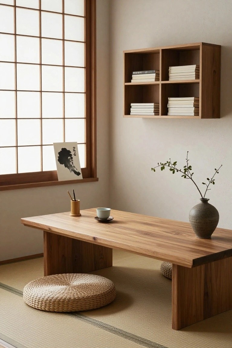 A low wooden table on tatami mats with a wall-mounted wooden shelf holding books above it, next to a shoji screen window.