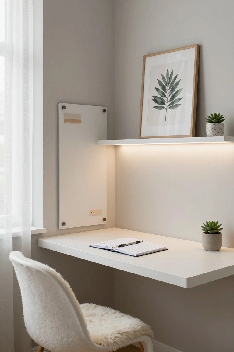 A white floating corner desk with a white fluffy chair, an open notebook, a wall-mounted shelf with LED lighting underneath, and a framed art print above the desk.