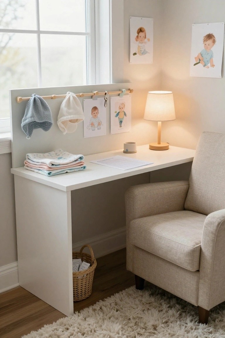 Cozy white nursery desk with lamp, chair, baby prints, and folded clothes.