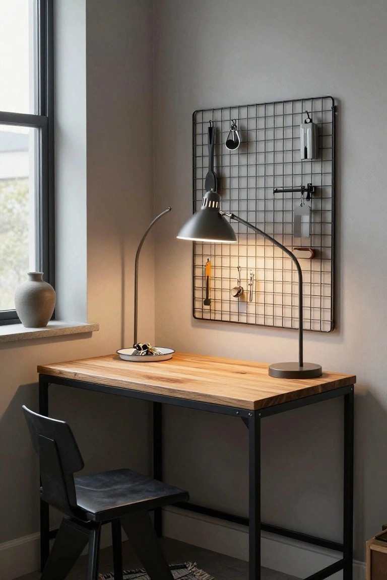 Modern wooden desk with black metal frame, lamp, and wall grid.