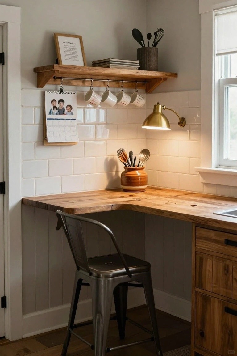 Corner workspace with wooden L-shaped countertop, metal stool, white subway tile backsplash, and floating wood shelf holding mugs and a calendar.