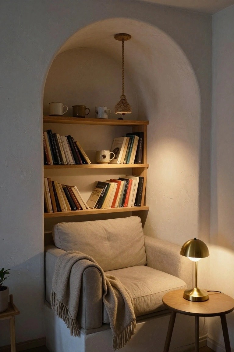 White arched wall recess with wooden shelves holding books and mugs above a cream armchair with gray throw blanket, brass table lamp on wooden side table, and small potted plant nearby.