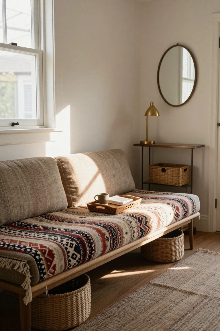 Light-filled corner room with low wooden bench sofa topped by beige linen cushions, colorful woven blanket, wooden tray holding mug and book, wicker baskets stored underneath on each end, gold lamp and round mirror on slim side table nearby.