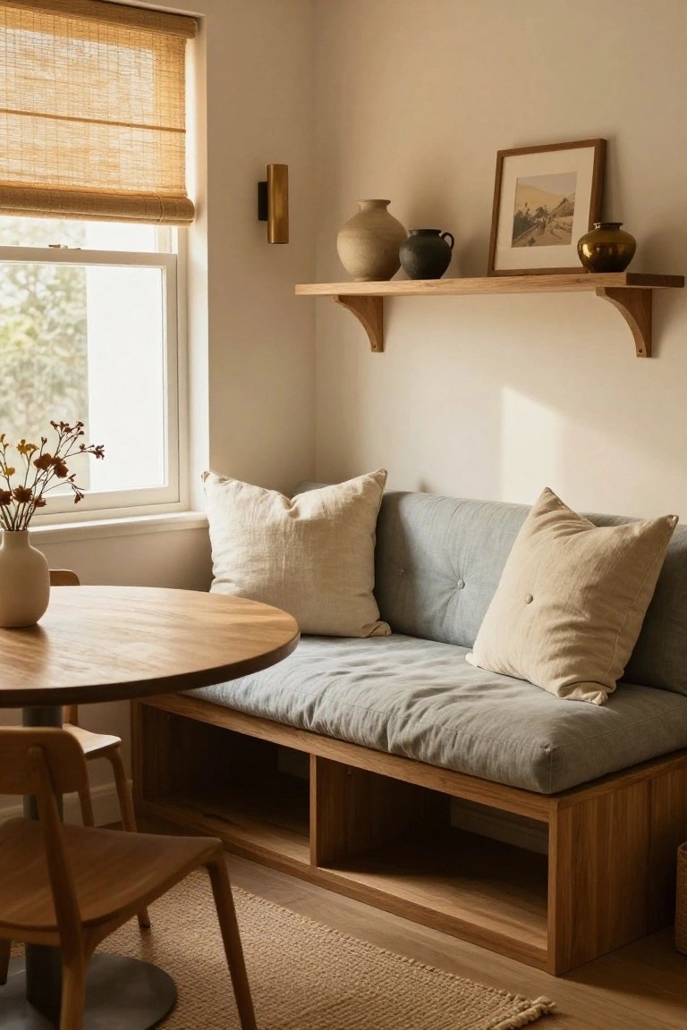 A small indoor room nook with a built-in wooden bench topped by blue cushions and white pillows, a round wooden table with a white vase, a wooden chair, floating wooden shelves holding pottery and a framed picture above a window with bamboo blinds.