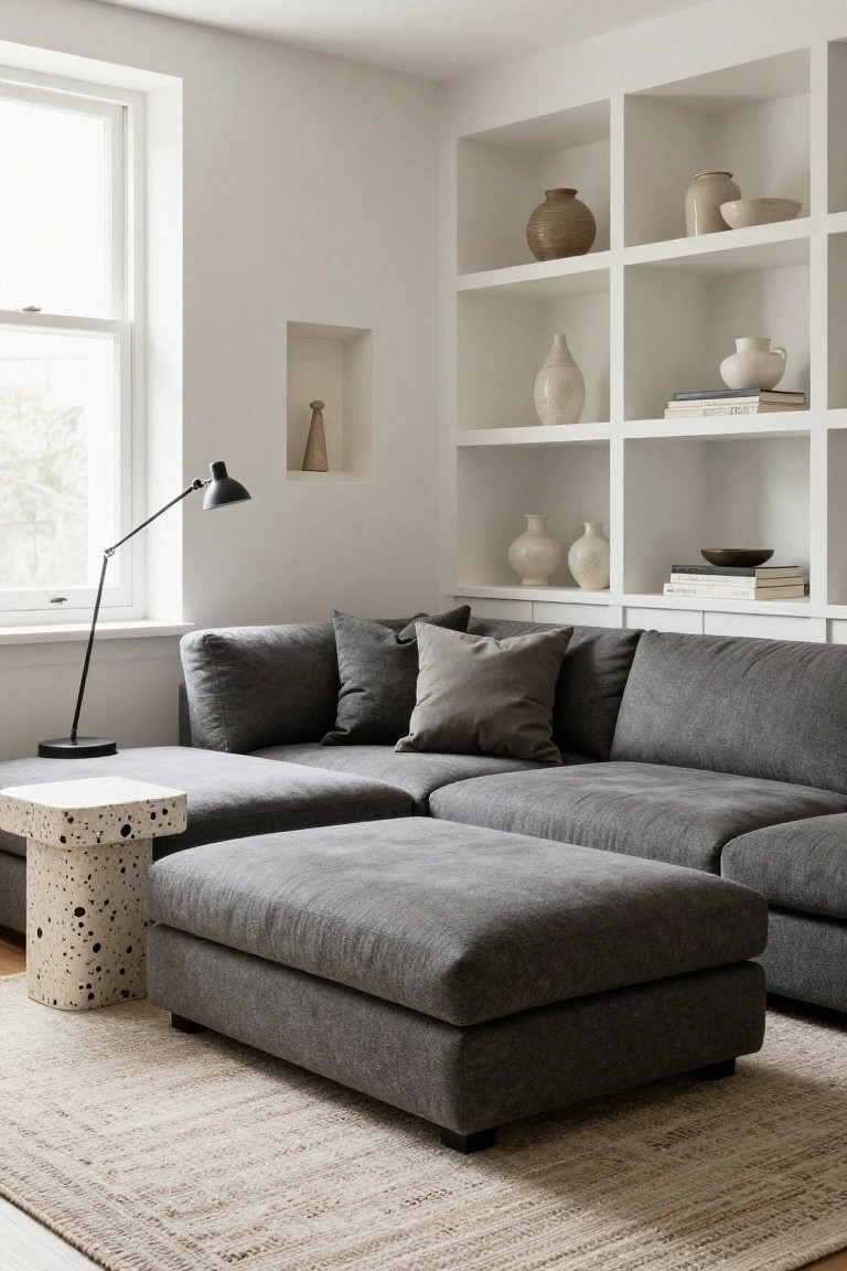A cozy modern living room with a gray L-shaped sectional sofa and ottoman on a beige rug, white built-in shelves displaying ceramics and books, a black adjustable desk lamp, and natural light from a window.