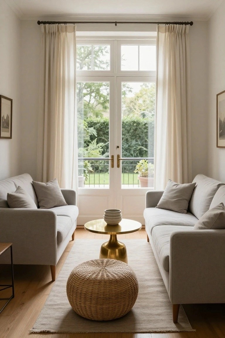 Narrow living room with two light gray sofas facing each other across a round brass coffee table on a light rug, large sheer-curtained windows and French doors overlooking a garden.