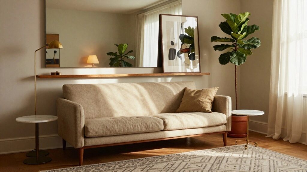 18 Smart Sofa Ideas for Small Spaces That Make the Room Look Bigger Beige linen two-seater sofa with wooden legs in a bright living room with white walls, abstract geometric wall art in wooden frame, large fiddle leaf fig plant in terracotta pot, brass arc floor lamp, round white marble coffee table on wood base, and neutral woven rug on light hardwood floors.