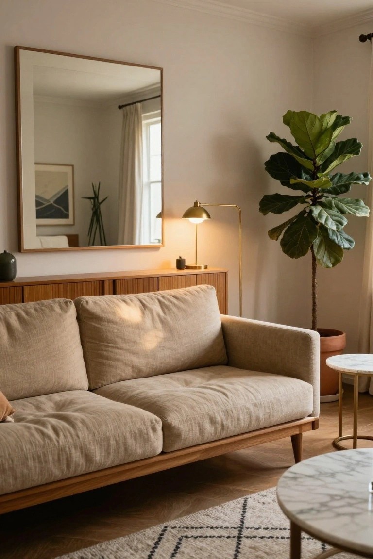 Beige linen two-seater sofa with wooden legs in a bright living room with white walls, abstract geometric wall art in wooden frame, large fiddle leaf fig plant in terracotta pot, brass arc floor lamp, round white marble coffee table on wood base, and neutral woven rug on light hardwood floors.