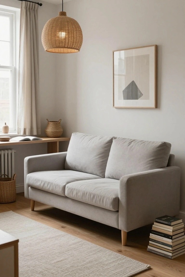 Light gray two-seater sofa with wooden legs in a minimalist beige-walled living room, wicker pendant lamp overhead, open window with white curtains, woven baskets, and stack of books on wooden floor.