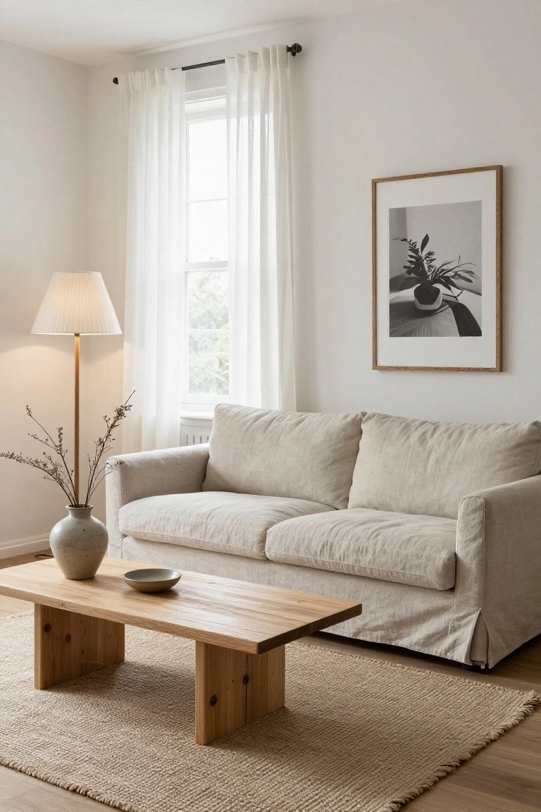 Minimalist living room with beige sofa, wooden coffee table, and floor lamp.