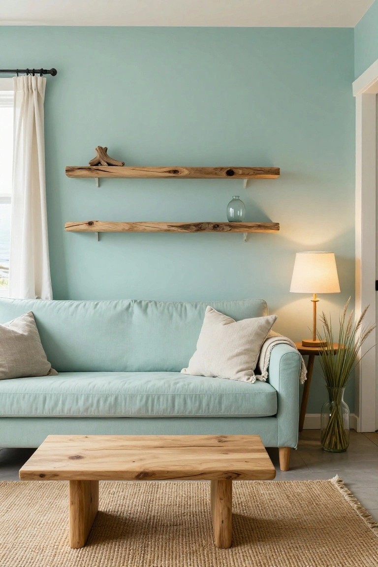 Light turquoise sofa in a living room with aqua walls, wooden shelves holding driftwood and a glass vase, low wooden coffee table on a beige rug, side table with lamp and pampas grass.