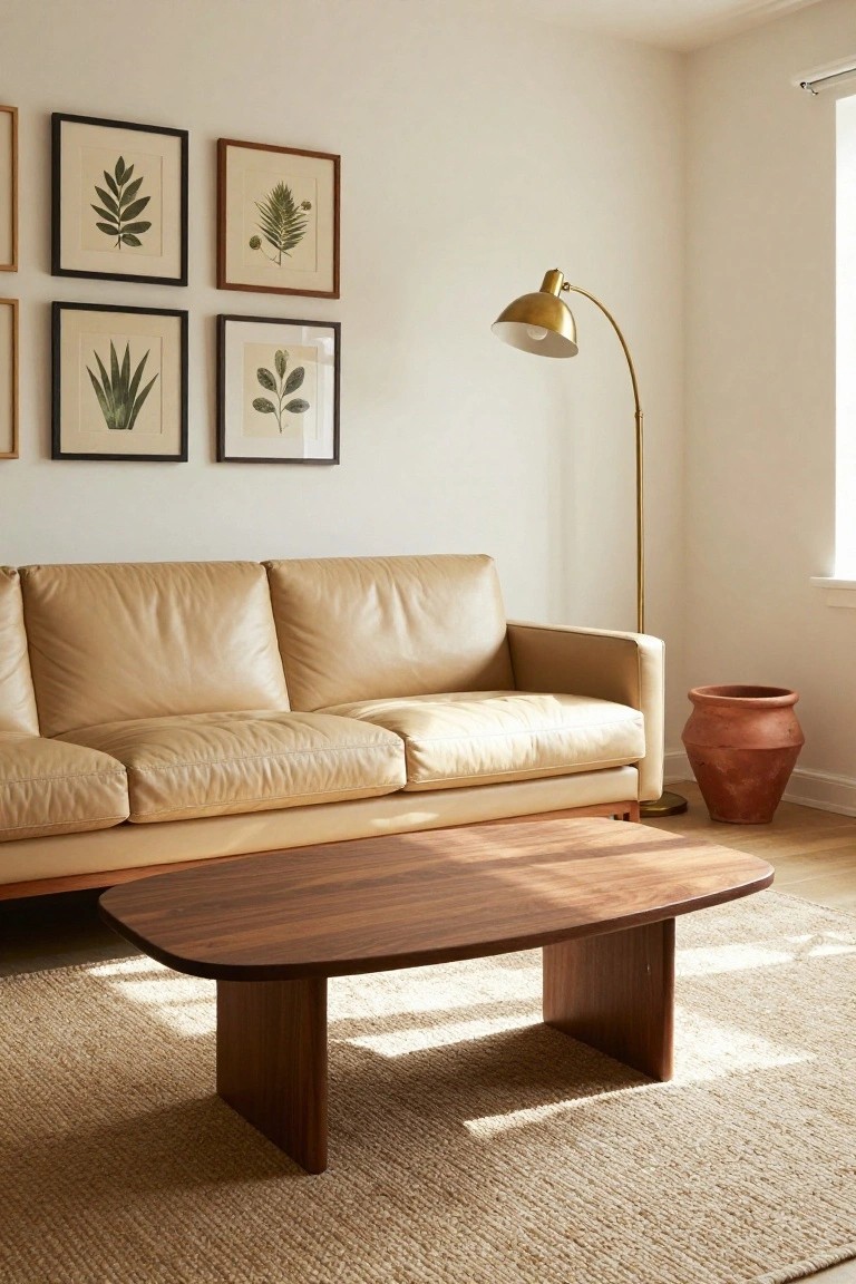 Beige low-profile leather sofa in a bright living room with white walls, four framed botanical prints, gold arc lamp, terracotta pot, oval walnut coffee table, and light seagrass rug.
