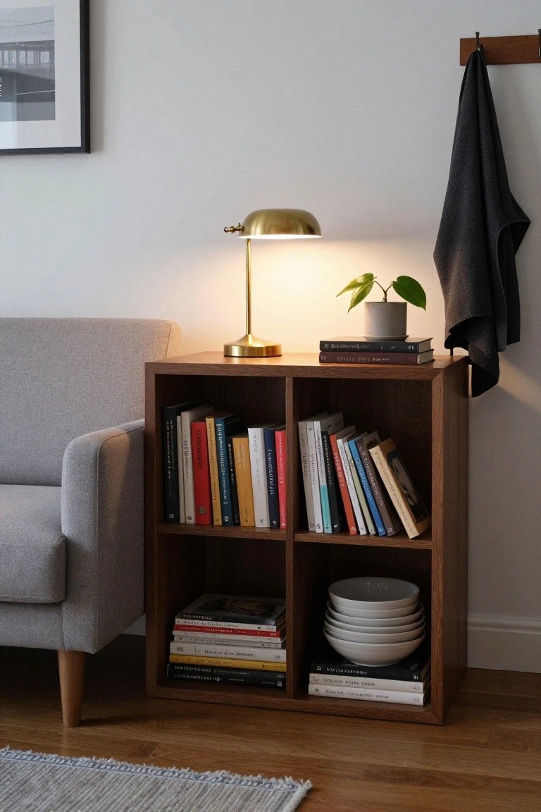 Gray low-profile sofa positioned next to wooden cube bookshelf stocked with books, stacked white bowls, and topped with a gold desk lamp and potted plant in a light-filled room corner.