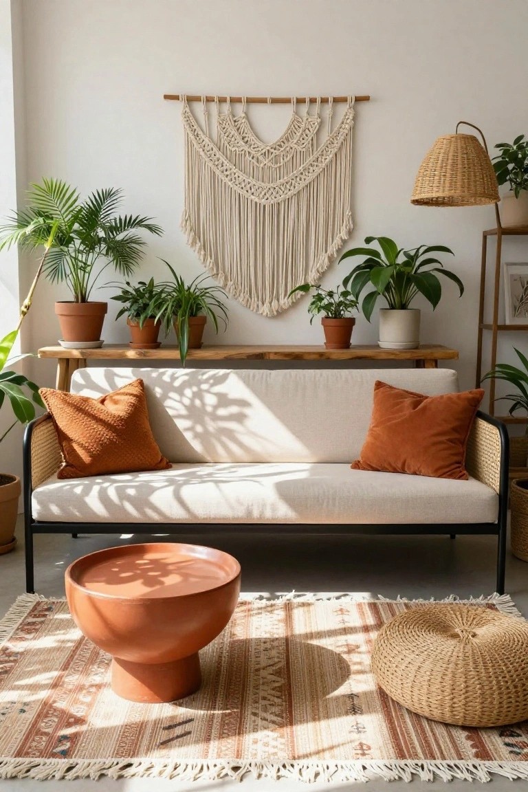 Sunlit living room with white rattan-framed sofa, orange pillows, potted plants, macrame wall hanging, woven rug, and terracotta table.