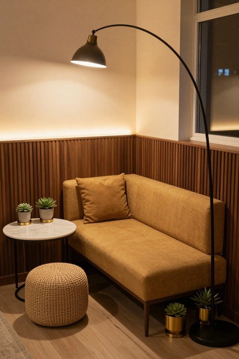 Cozy indoor corner with mustard fabric L-shaped sofa, woven round pouf stool, small round marble table holding two potted succulents, tall black arched floor lamp, gold pots with plants, wooden slat wall panels, and large window.