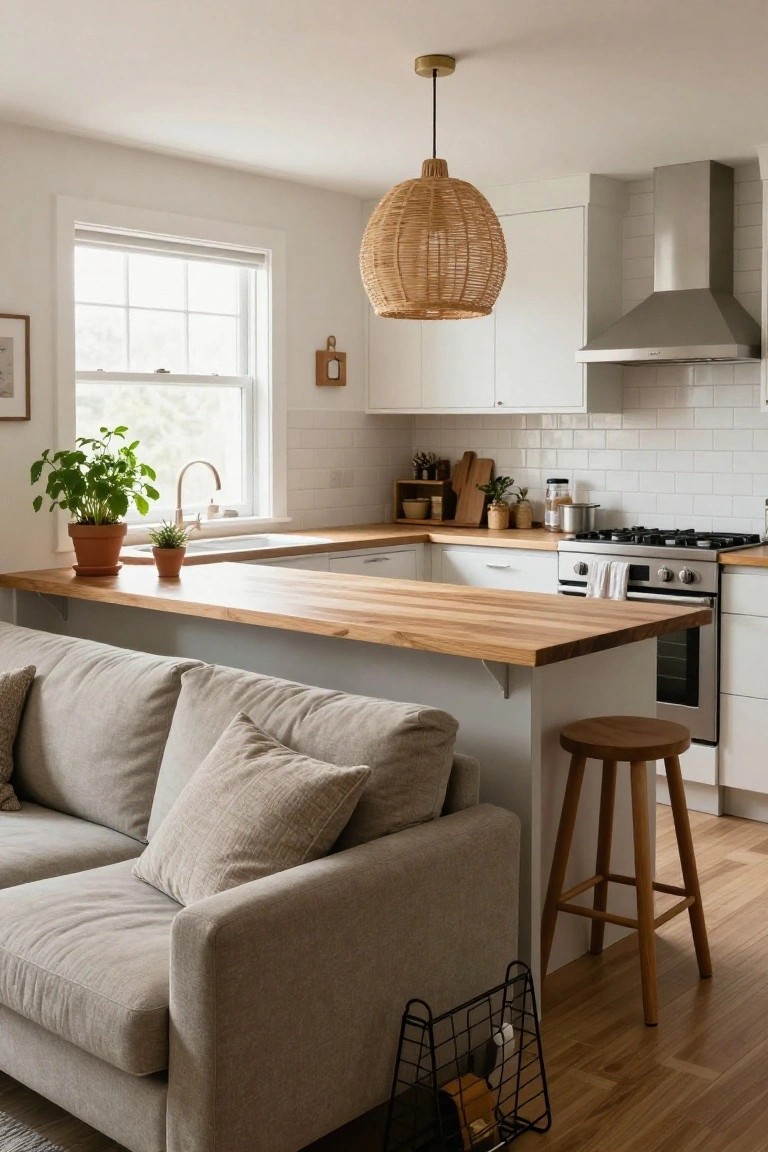 Open-plan interior with white kitchen cabinets, wood-topped peninsula island, gray sofa placed directly against the island, wooden bar stool, potted plants, and woven pendant light overhead.