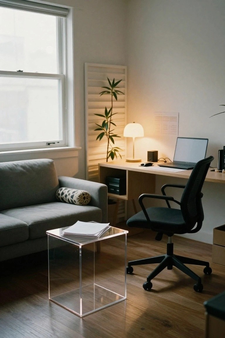 A small indoor room corner with a gray fabric sofa, clear acrylic cube table holding stacked papers, wooden desk with open laptop and black office chair, potted plant next to a lamp, and a large window with blinds.