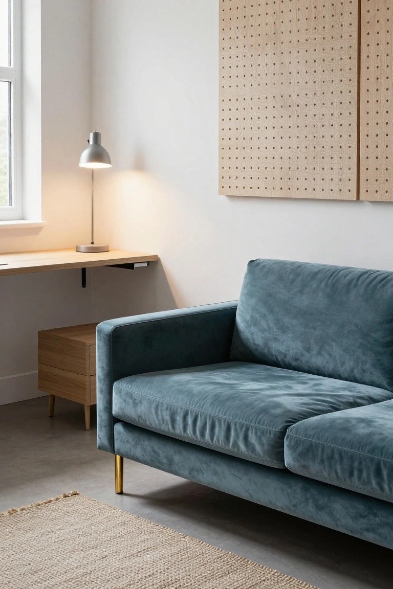 Teal velvet sofa with slender gold legs in a white room with floating oak desk, pegboard walls, desk lamp, wooden stool, and seagrass rug on concrete floor.