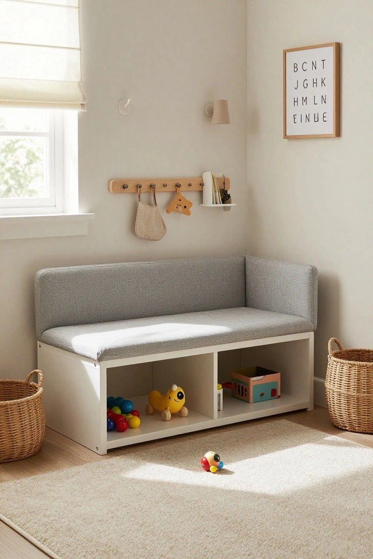 Gray upholstered corner bench with white open storage cubbies underneath holding toys and books in a light beige children's room corner with wicker baskets nearby.