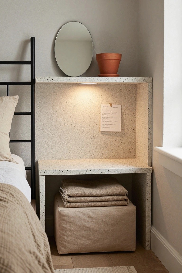 Corner view of a bedroom with black metal bed frame, built-in speckled white shelf displaying round mirror, terracotta plant pot, and clipped note under warm light, beige linens stacked on fabric pouf below shelf, neutral walls and bed with pillows.