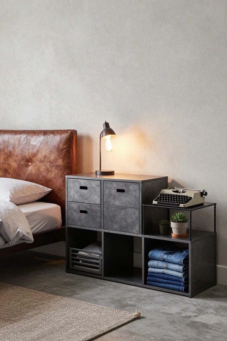 Gray metal bed frame with open cubby shelves at the foot holding folded blue jeans and white linens, next to a brown leather headboard bed with white sheets, matching drawer nightstand, black metal side table with vintage typewriter and potted succulents, in a light gray bedroom.