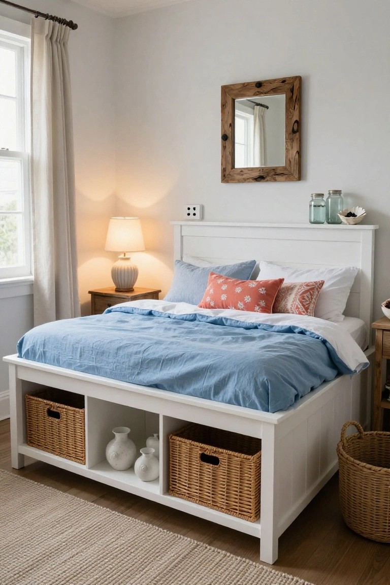 White platform bed frame with open rectangular storage compartments at the base containing wicker baskets, ceramic vases, and a blue linen duvet in a light gray bedroom with beige rug and side lamp.
