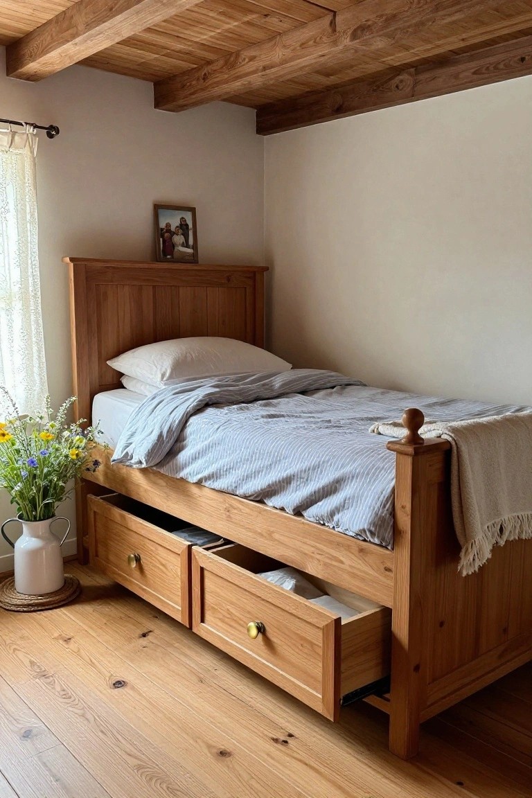 Wooden single bed frame with two open drawers underneath, gray striped bedding, pillows, throw blanket, vase of wildflowers on floor, sheer curtained window, framed photo on wall, light walls, wooden ceiling beams, hardwood floor.