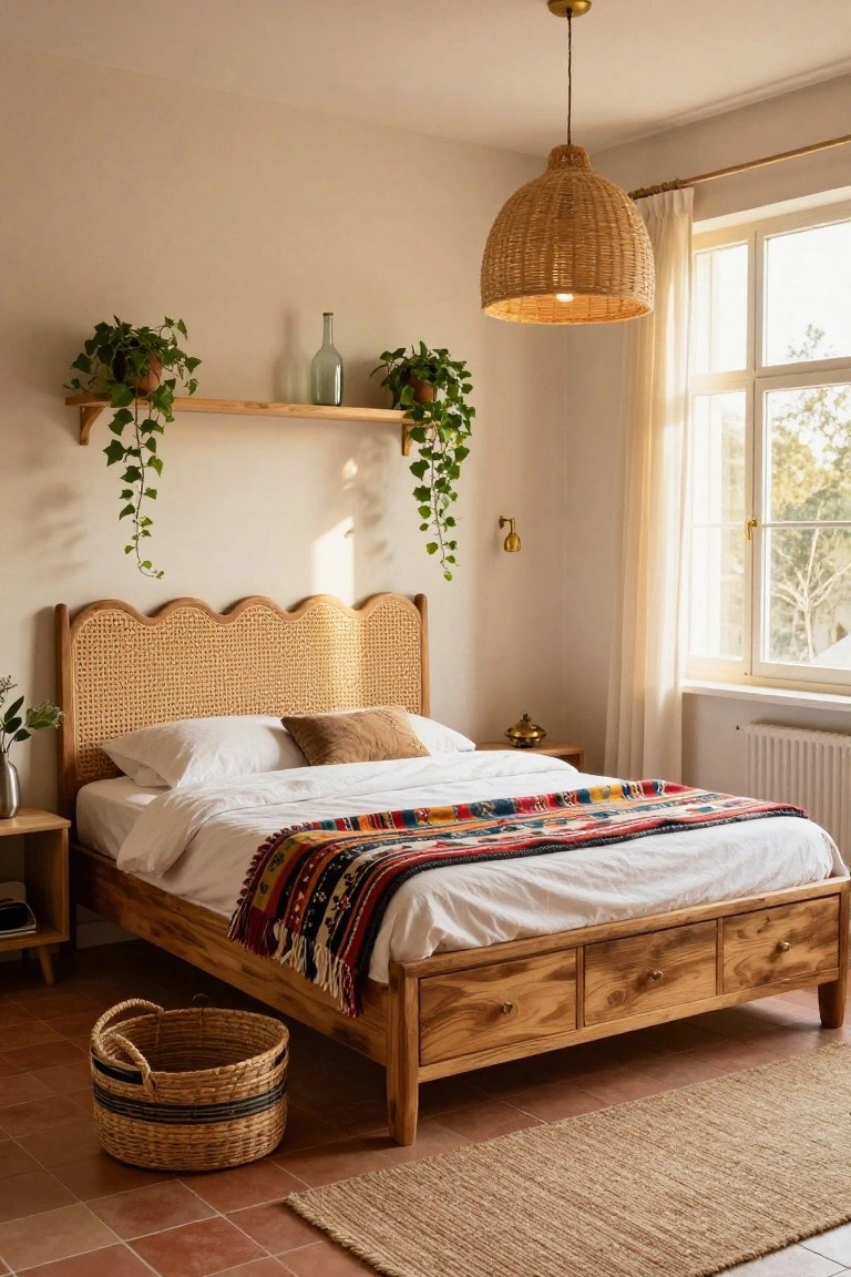 Bedroom interior with a wooden bed frame featuring rattan headboard and three underbed drawers, white sheets, colorful woven blanket, potted plants on wall shelf, wicker pendant light, and window with sheer curtains.