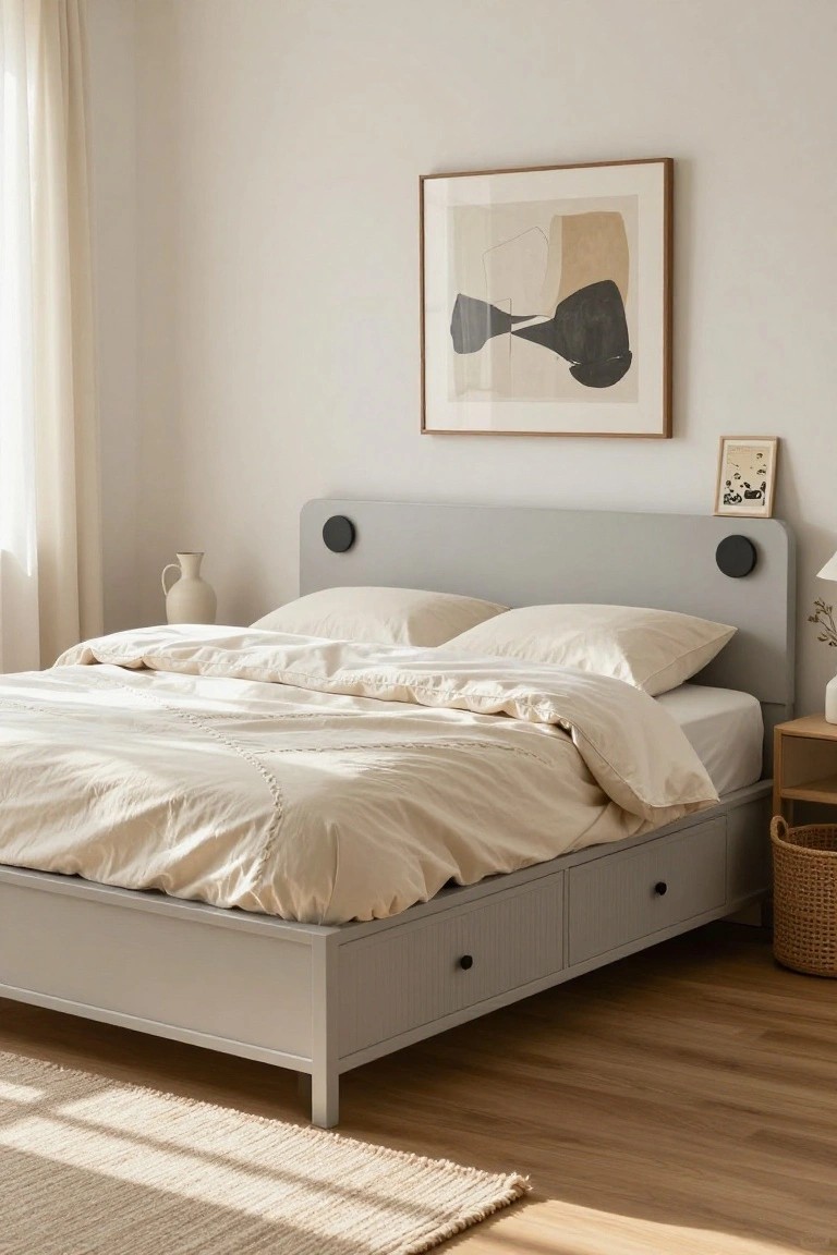 Gray platform bed frame with built-in drawers at the base, white textured bedding, pillows, nightstand, vase, lamp, and artwork on beige walls in a light bedroom.