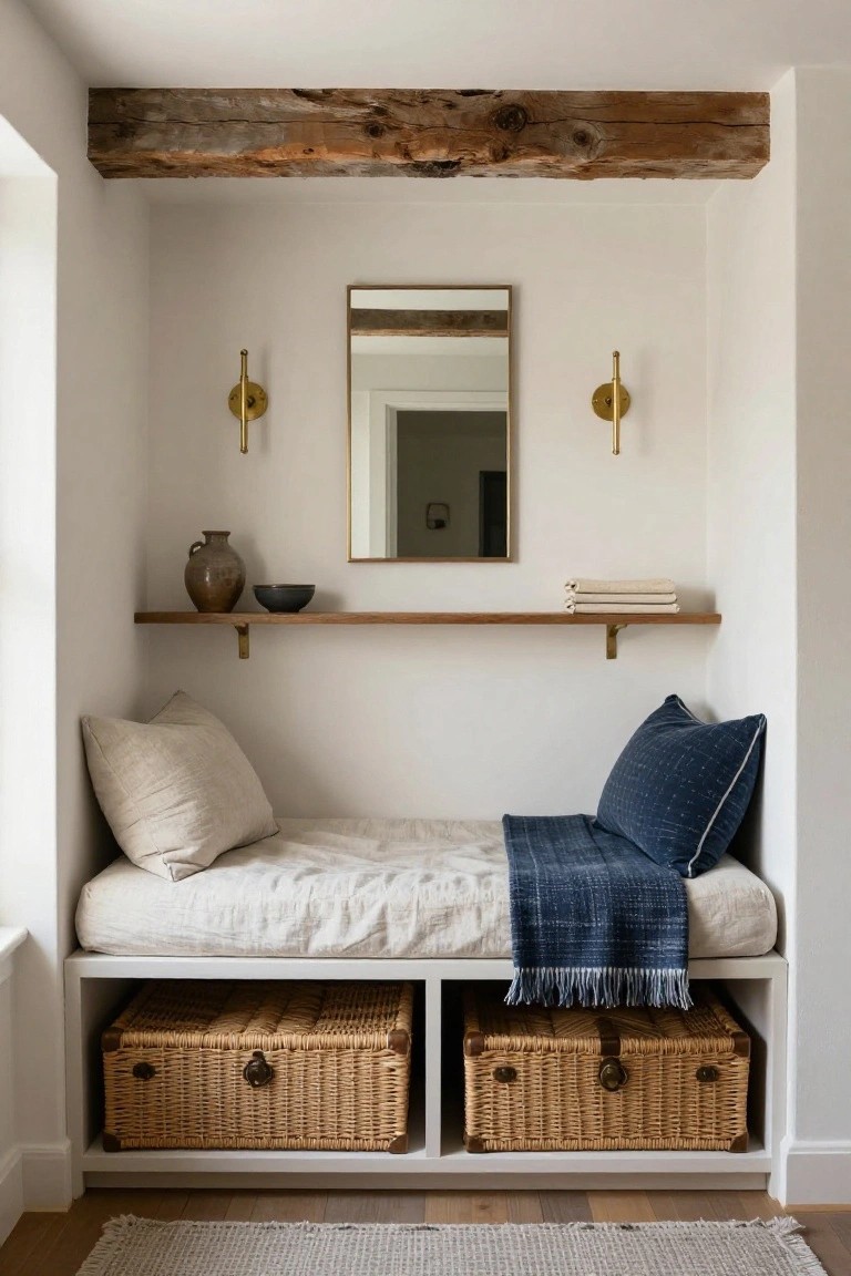 White built-in daybed frame in a wall nook with linen mattress, white and navy pillows, blue throw blanket, two wicker storage baskets underneath, wooden shelf above holding pottery and mirror, gold wall sconces, exposed wood beam ceiling.